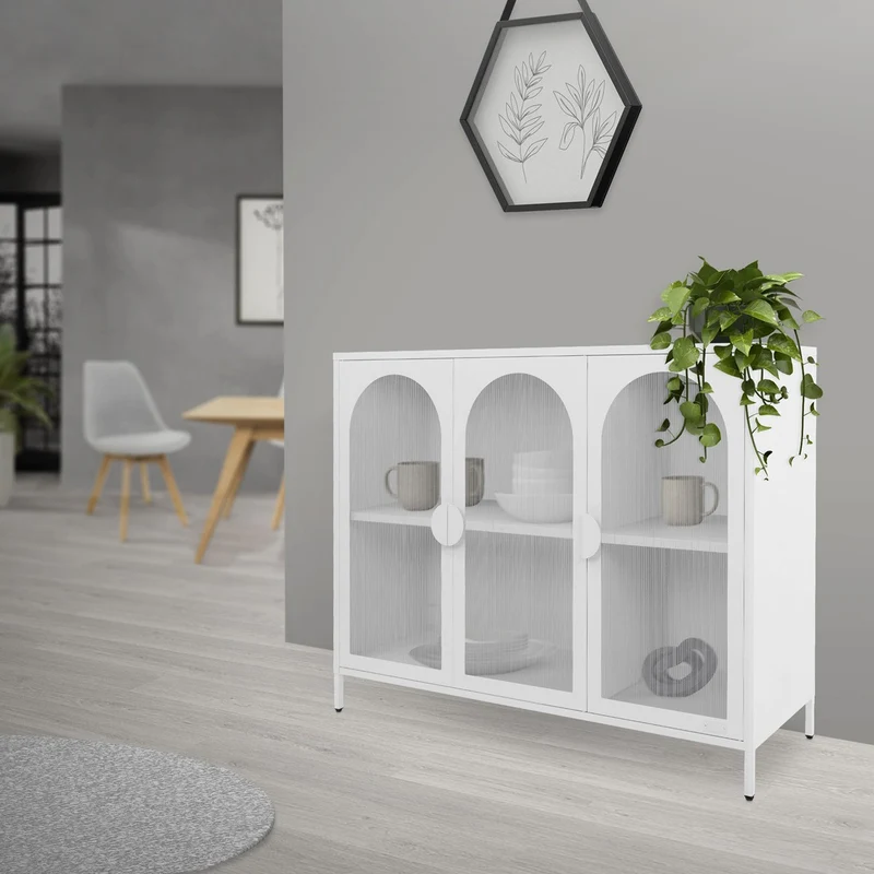 B-Ware Vitrinenschrank 120x93x40 cm Vitrine mit 4 Ablage-/Regalfächer Weiß aus Stahl ML-Design