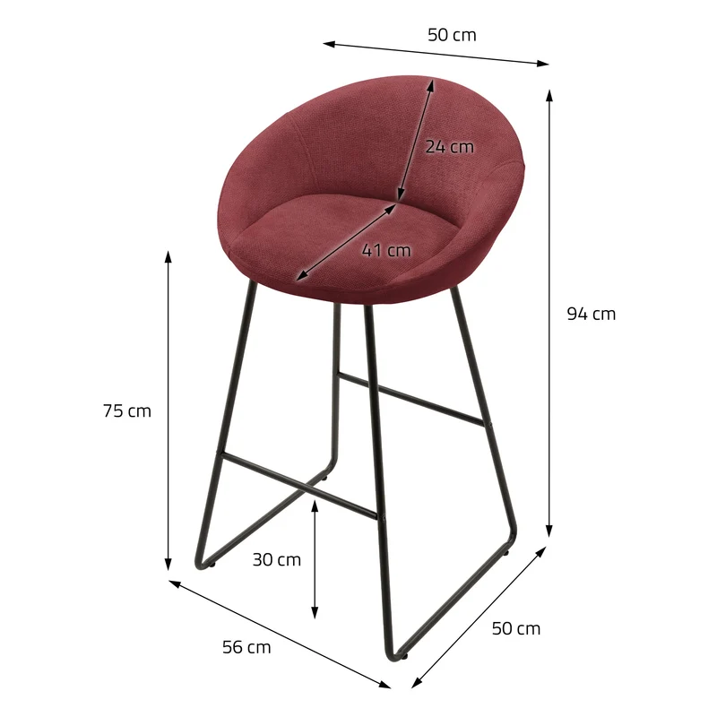 Barhocker 2er Set Rot 56x94x50 cm mit Rückenlehne und Fußstütze bis 120 kg ML-Design