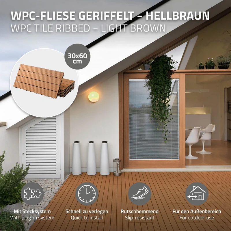 B-Ware Terrassenfliesen 60x30 cm 6er Set für 1m² Hellbraun aus WPC