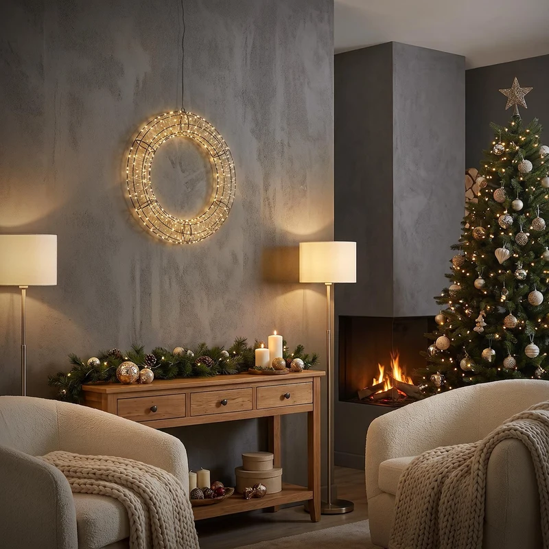 ECD Germany | LED Weihnachtskranz Ø50 cm Warmweiß Weihnachtsdeko mit Lichterkette Lichterkranz Fenster Weihnachtsbeleuchtung Außen 720LED Timer