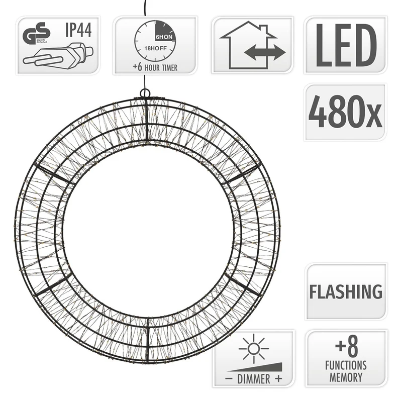 ECD Germany | LED Weihnachtskranz Ø38 cm Warmweiß Weihnachtsdeko mit Lichterkette Lichterkranz Fenster Weihnachtsbeleuchtung Außen 480LED Timer