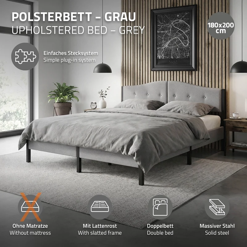 Polsterbett 180x200 cm, Grau, Doppelbett mit stabilem Bettgestell, Bett mit gepolstertes Kopfteil & Lattenrost, Jugendbett ML-Design