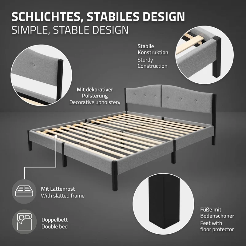 Polsterbett 180x200 cm, Grau, Doppelbett mit stabilem Bettgestell, Bett mit gepolstertes Kopfteil & Lattenrost, Jugendbett ML-Design
