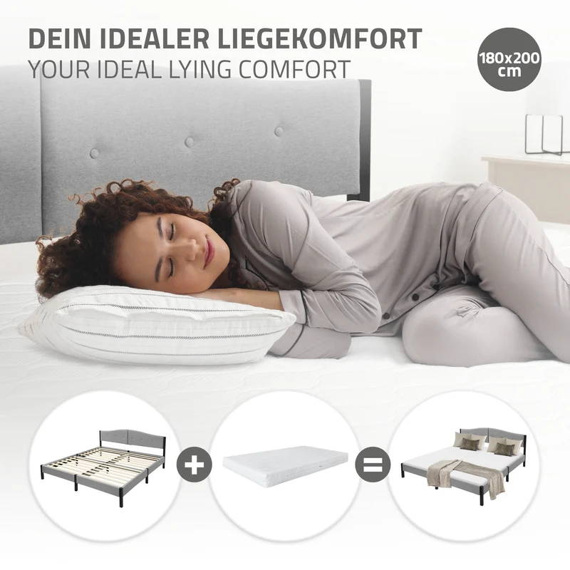 Polsterbett 180x200 cm, Grau, Doppelbett mit stabilem Bettgestell, Bett mit gepolstertes Kopfteil & Lattenrost, Jugendbett ML-Design