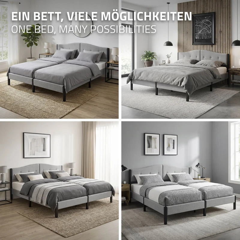 Polsterbett 180x200 cm, Grau, Doppelbett mit stabilem Bettgestell, Bett mit gepolstertes Kopfteil & Lattenrost, Jugendbett ML-Design
