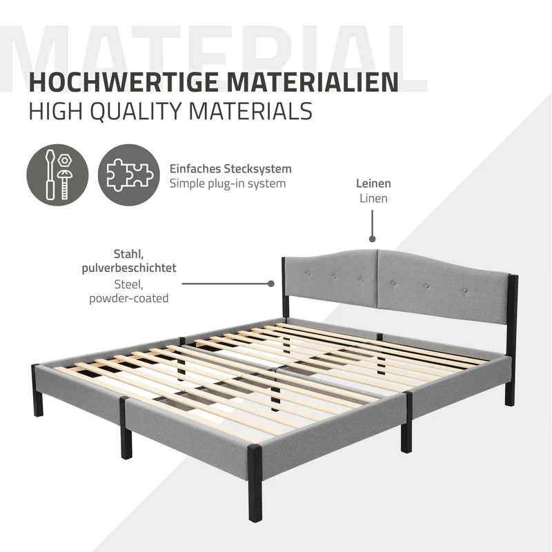 Polsterbett 180x200 cm, Grau, Doppelbett mit stabilem Bettgestell, Bett mit gepolstertes Kopfteil & Lattenrost, Jugendbett ML-Design