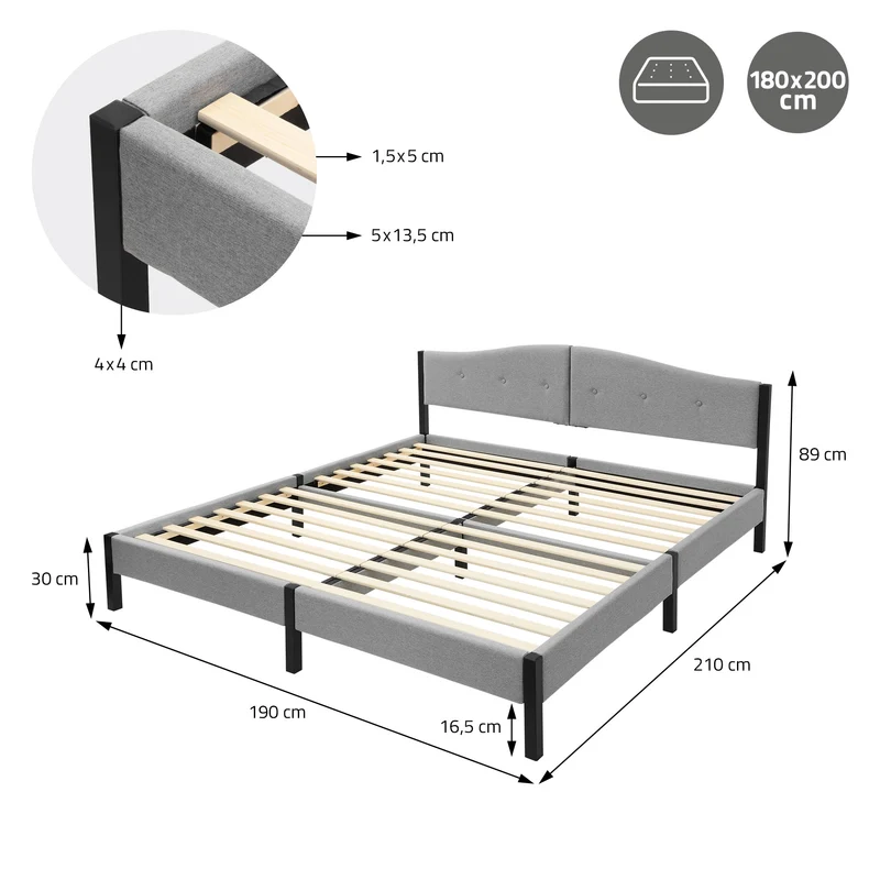 Polsterbett 180x200 cm, Grau, Doppelbett mit stabilem Bettgestell, Bett mit gepolstertes Kopfteil & Lattenrost, Jugendbett ML-Design