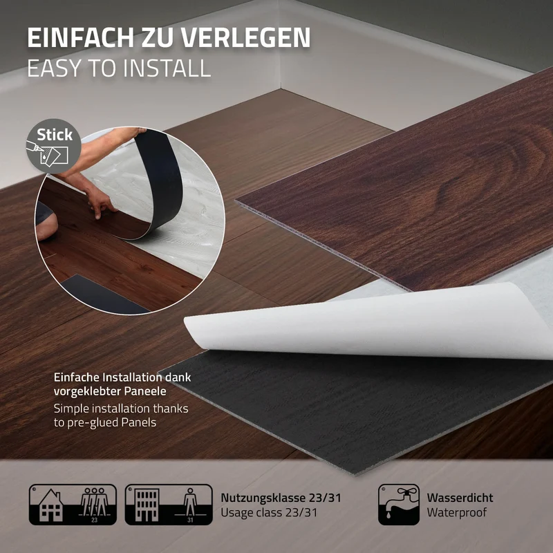 Deluxe PVC Klebevinylboden für 2,23 m² Rot-Braun Nuss 2 mm dick ML-Design