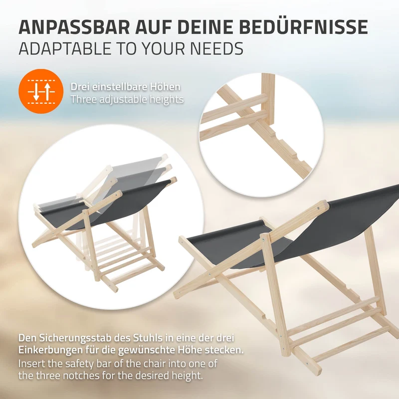 Gartenliege Holz 2er Set Beachstuhl klappbarer Strandstuhl Strandliege Campingliege Sonnenliege Anthrazit Klappliegestuhl Relaxliege
