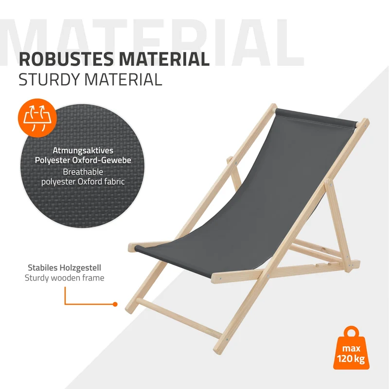 Gartenliege Holz 2er Set Beachstuhl klappbarer Strandstuhl Strandliege Campingliege Sonnenliege Anthrazit Klappliegestuhl Relaxliege