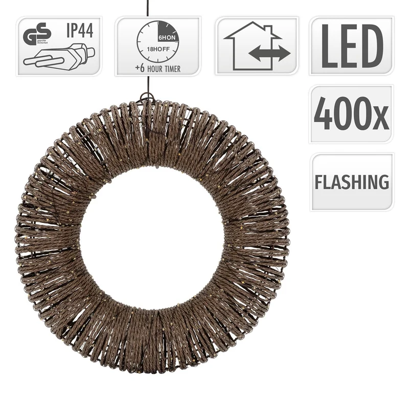 ECD Germany | LED Weihnachtskranz Ø38 cm Metall/Seil Warmweiß Weihnachtsdeko mit Lichterkette 400 LED Timer Lichterkranz Weihnachtsbeleuchtung Außen