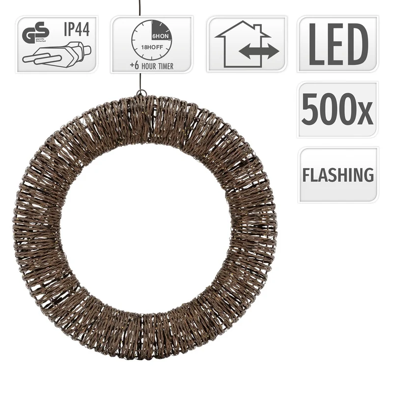 ECD Germany | LED Weihnachtskranz Ø50 cm Metall/Seil Warmweiß Weihnachtsdeko mit Lichterkette 500 LED Timer Lichterkranz Weihnachtsbeleuchtung Außen