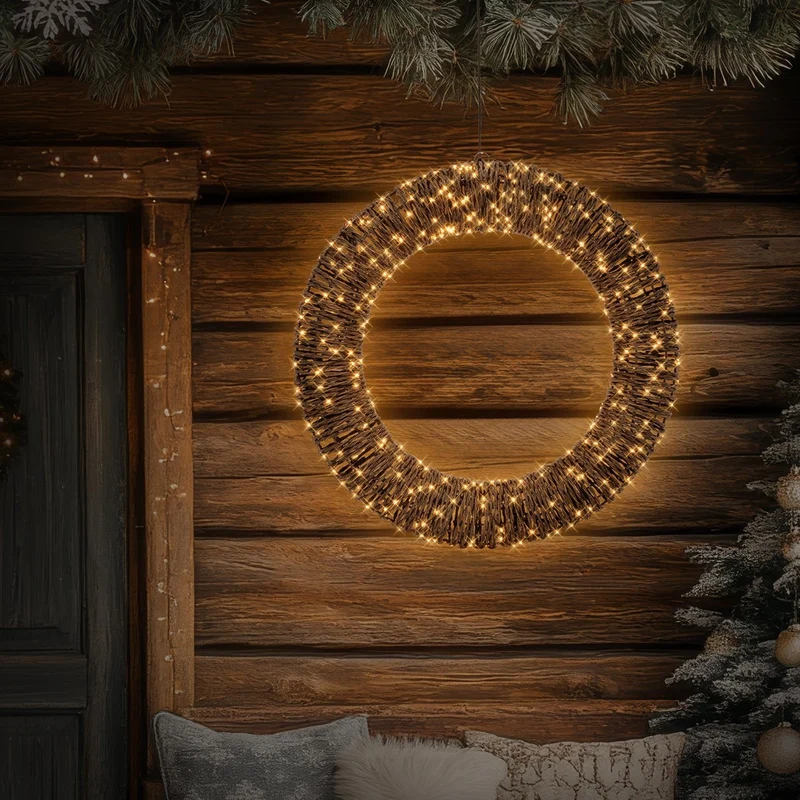 ECD Germany | LED Weihnachtskranz Ø50 cm Metall/Seil Warmweiß Weihnachtsdeko mit Lichterkette 500 LED Timer Lichterkranz Weihnachtsbeleuchtung Außen