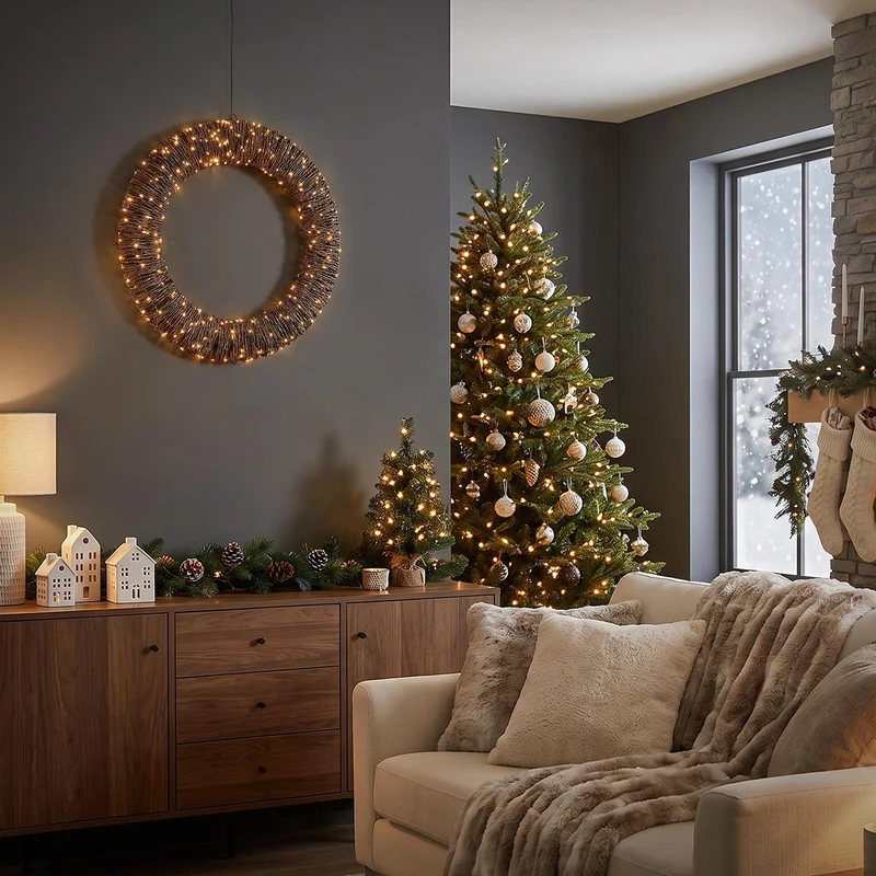 ECD Germany | LED Weihnachtskranz Ø50 cm Metall/Seil Warmweiß Weihnachtsdeko mit Lichterkette 500 LED Timer Lichterkranz Weihnachtsbeleuchtung Außen