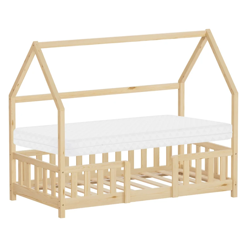ML-Design | Kinderbett mit Dach, Rausfallschutz und Lattenrost, mit/ohne Matratze, aus Kiefernholz, Hausbett, Holzbett