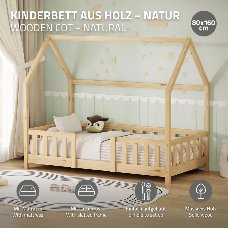Kinderbett Hausbett 80x160 cm Natur aus Kiefernholz inkl. Matratze H-10cm Rausfallschutz Dach und Lattenrost ML-Design