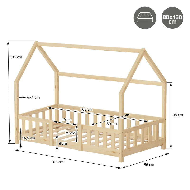 Kinderbett Hausbett 80x160 cm Natur aus Kiefernholz inkl. Matratze H-10cm Rausfallschutz Dach und Lattenrost ML-Design