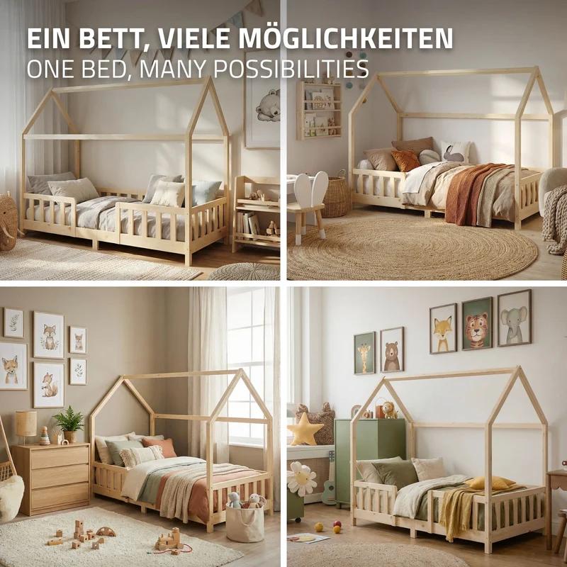 Kinderbett Hausbett 90x200 cm aus Kiefernholz Natur mit Rausfallschutz Dach und Lattenrost Holzbett ML-Design