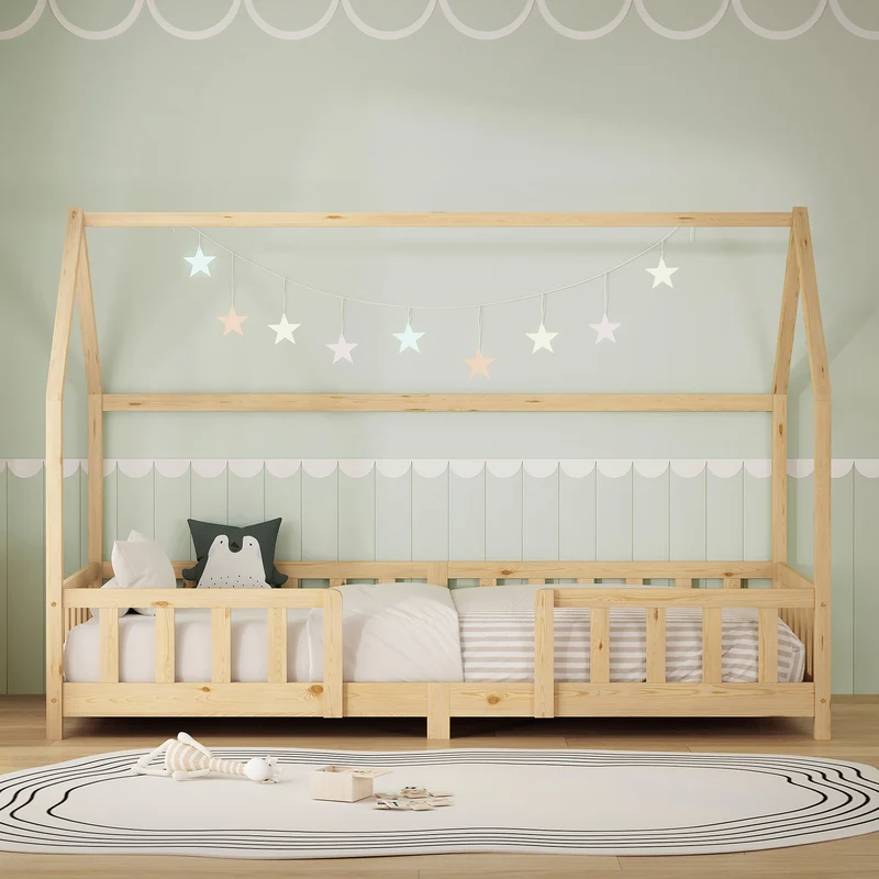 Kinderbett Hausbett 90x200 cm aus Kiefernholz Natur mit Rausfallschutz Dach und Lattenrost Holzbett ML-Design