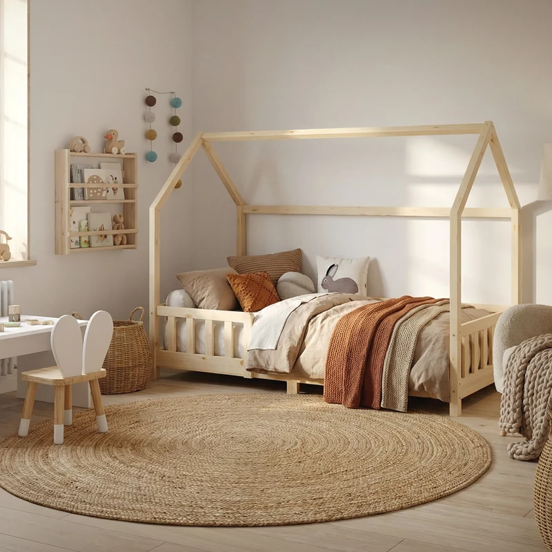 Kinderbett Hausbett 90x200 cm aus Kiefernholz Natur mit Rausfallschutz Dach und Lattenrost Holzbett ML-Design