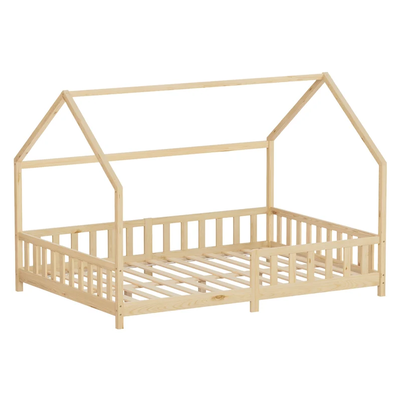 Kinderbett Hausbett 140x200 cm aus Kiefernholz Natur mit Rausfallschutz Dach und Lattenrost Holzbett ML-Design