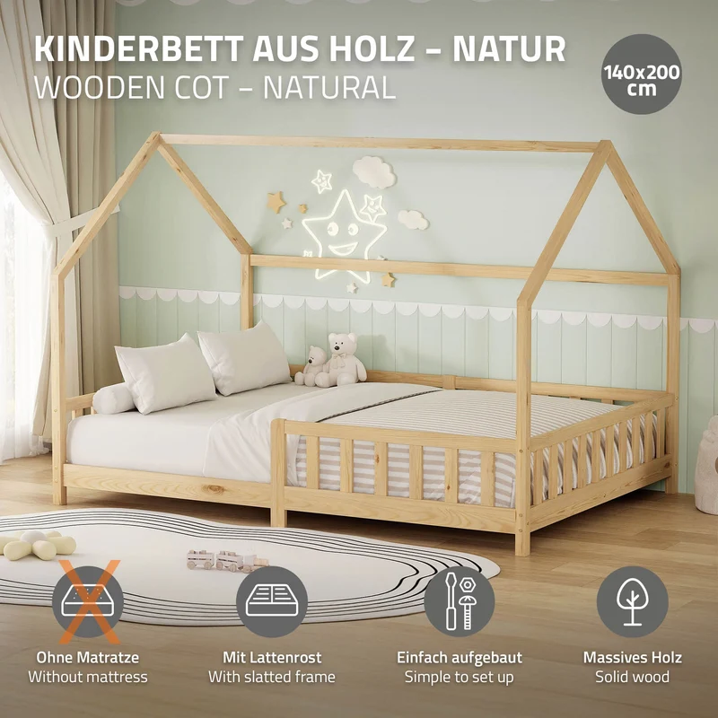 Kinderbett Hausbett 140x200 cm aus Kiefernholz Natur mit Rausfallschutz Dach und Lattenrost Holzbett ML-Design