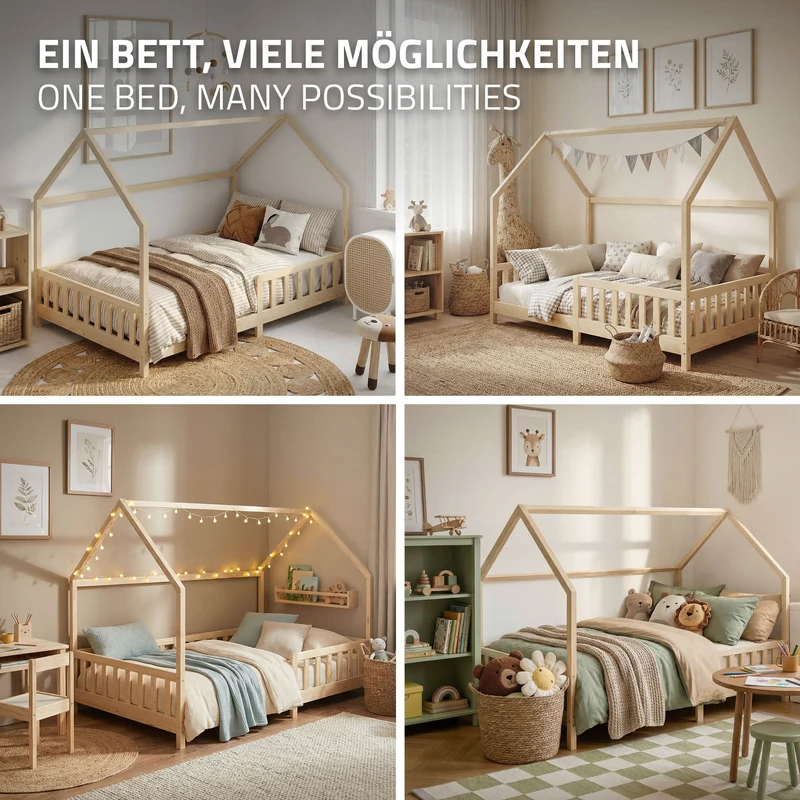 Kinderbett Hausbett 140x200 cm aus Kiefernholz Natur mit Rausfallschutz Dach und Lattenrost Holzbett ML-Design