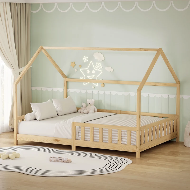 Kinderbett Hausbett 140x200 cm aus Kiefernholz Natur mit Rausfallschutz Dach und Lattenrost Holzbett ML-Design