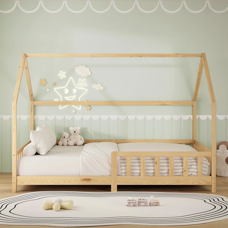 Kinderbett Hausbett 140x200 cm aus Kiefernholz Natur mit Rausfallschutz Dach und Lattenrost Holzbett ML-Design