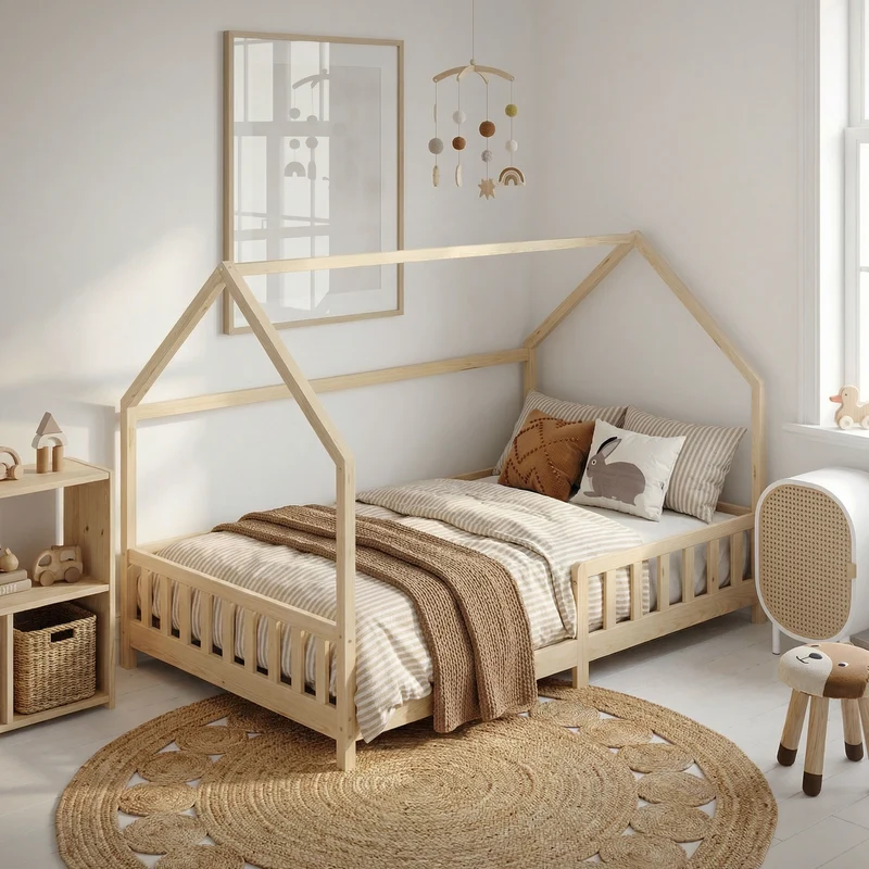 Kinderbett Hausbett 140x200 cm aus Kiefernholz Natur mit Rausfallschutz Dach und Lattenrost Holzbett ML-Design