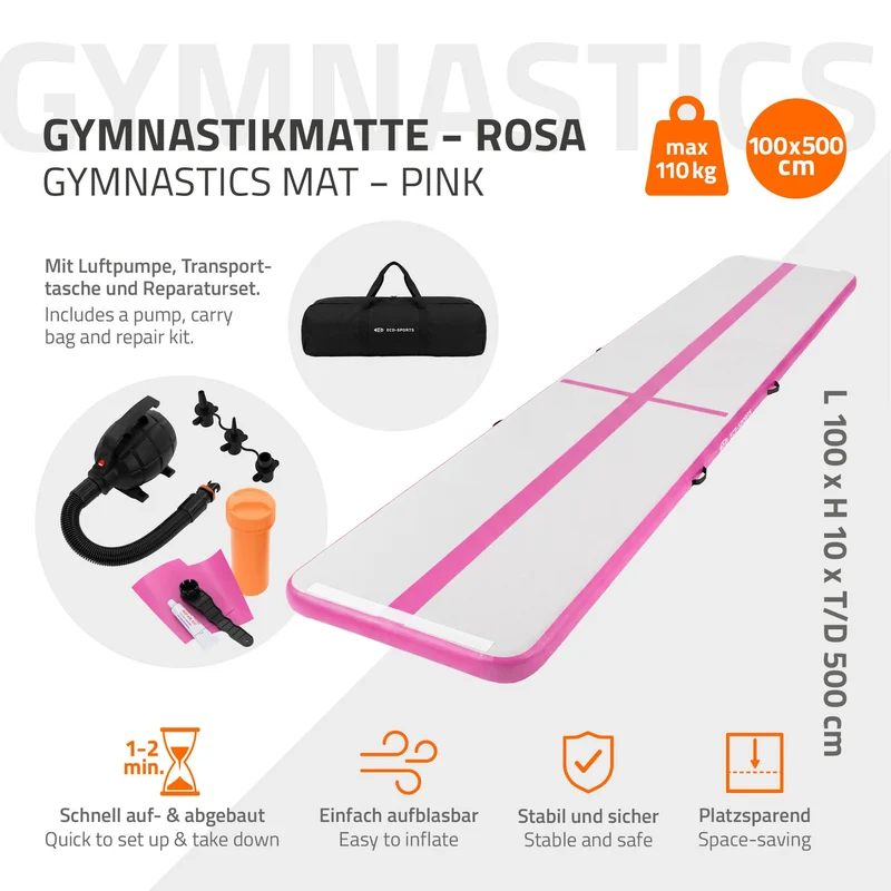 Aufblasbare Gymnastikmatte Turnmatte Airtrack 5m, Rosa, 10cm Dicke, inkl. Tragetasche & elektr. Luftpumpe