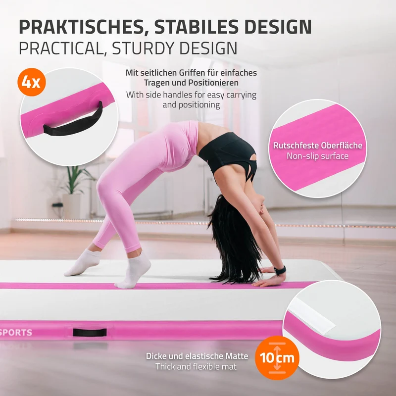 Aufblasbare Gymnastikmatte Turnmatte Airtrack 5m, Rosa, 10cm Dicke, inkl. Tragetasche & elektr. Luftpumpe