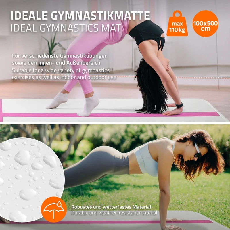 Aufblasbare Gymnastikmatte Turnmatte Airtrack 5m, Rosa, 10cm Dicke, inkl. Tragetasche & elektr. Luftpumpe