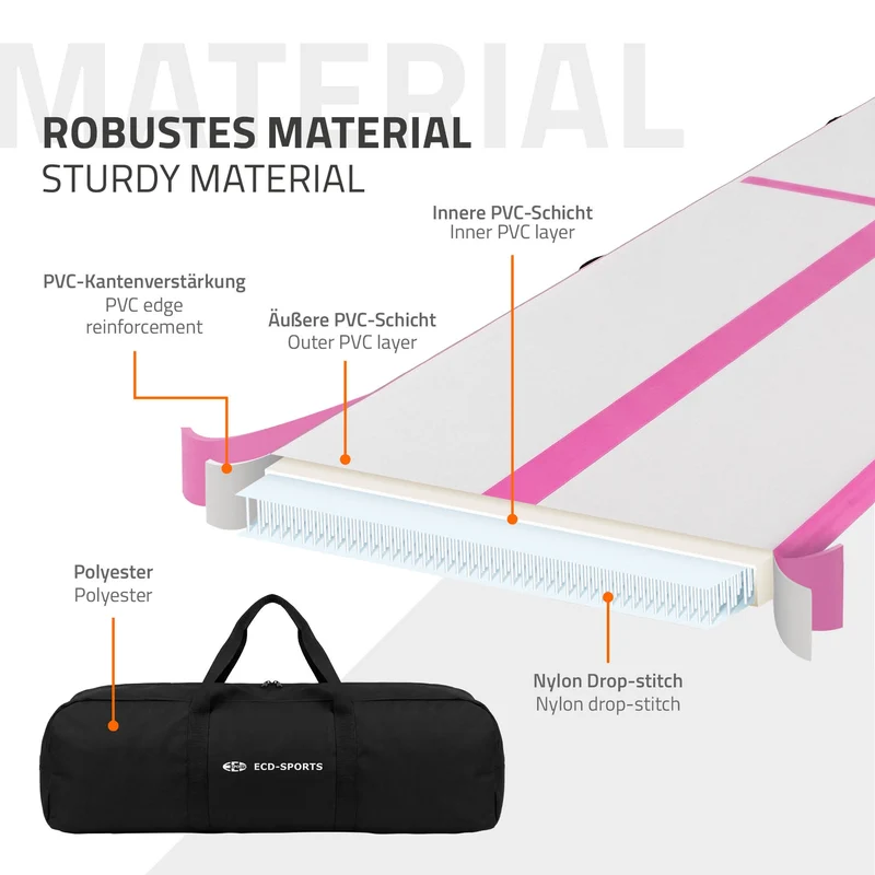 Aufblasbare Gymnastikmatte Turnmatte Airtrack 5m, Rosa, 10cm Dicke, inkl. Tragetasche & elektr. Luftpumpe