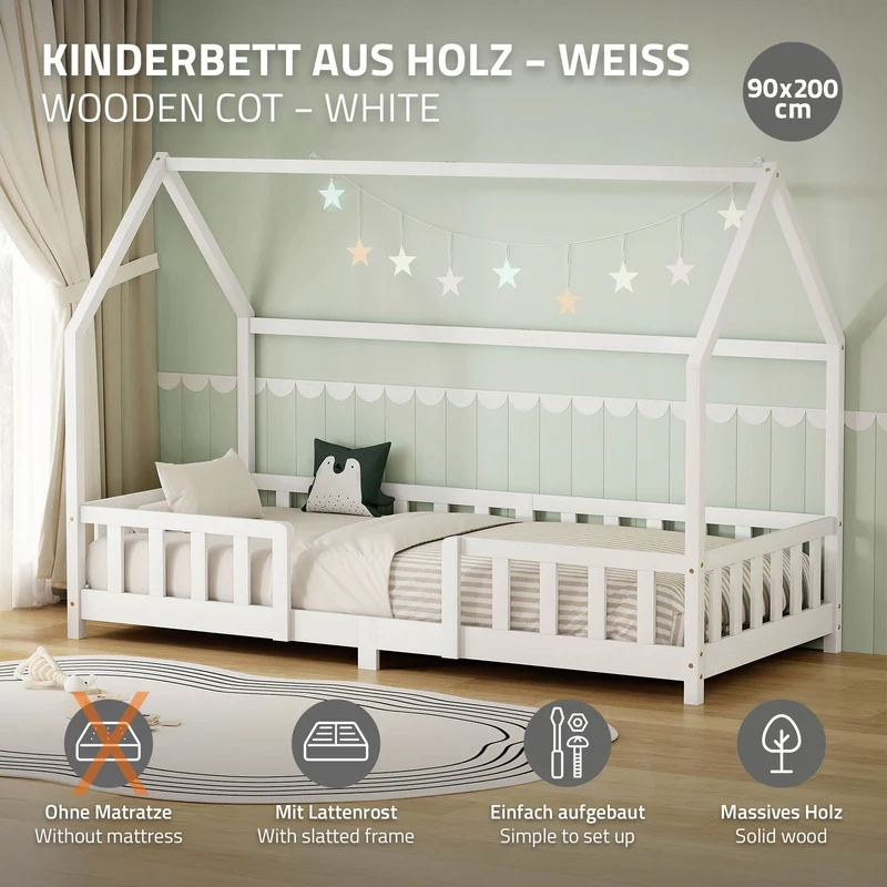 Kinderbett Hausbett 90x200 cm aus Kiefernholz Weiß mit Rausfallschutz Dach und Lattenrost Holzbett ML-Design