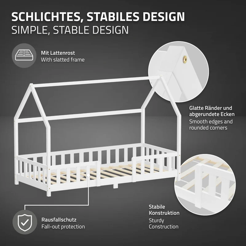 Kinderbett Hausbett 90x200 cm aus Kiefernholz Weiß mit Rausfallschutz Dach und Lattenrost Holzbett ML-Design