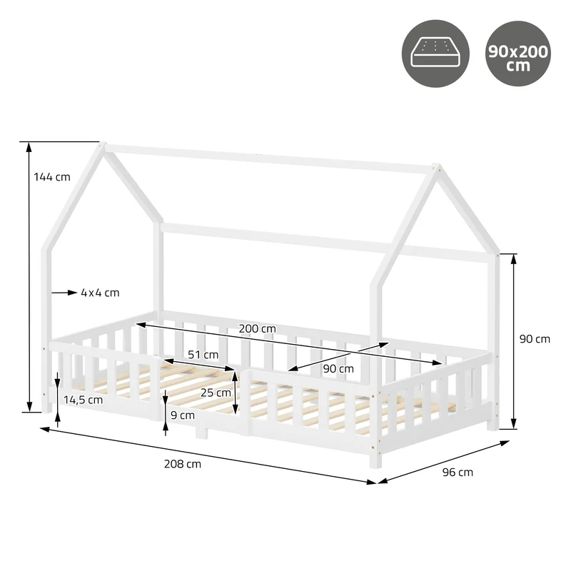 Kinderbett Hausbett 90x200 cm aus Kiefernholz Weiß mit Rausfallschutz Dach und Lattenrost Holzbett ML-Design
