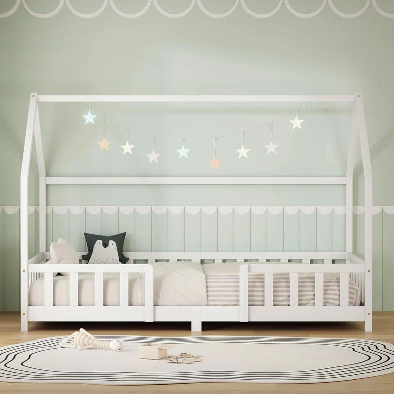 Kinderbett Hausbett 90x200 cm aus Kiefernholz Weiß mit Rausfallschutz Dach und Lattenrost Holzbett ML-Design