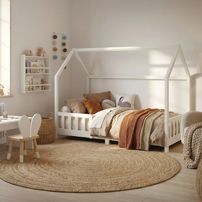Kinderbett Hausbett 90x200 cm aus Kiefernholz Weiß mit Rausfallschutz Dach und Lattenrost Holzbett ML-Design