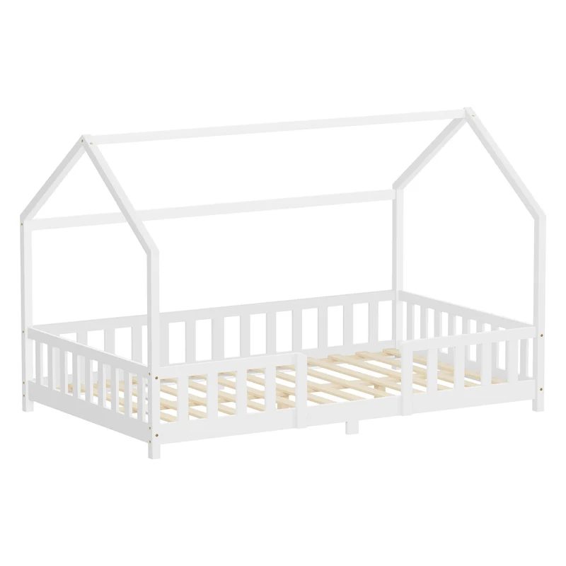 ML-Design | Kinderbett mit Dach, Rausfallschutz und Lattenrost, mit/ohne Matratze, aus Kiefernholz, Hausbett, Holzbett