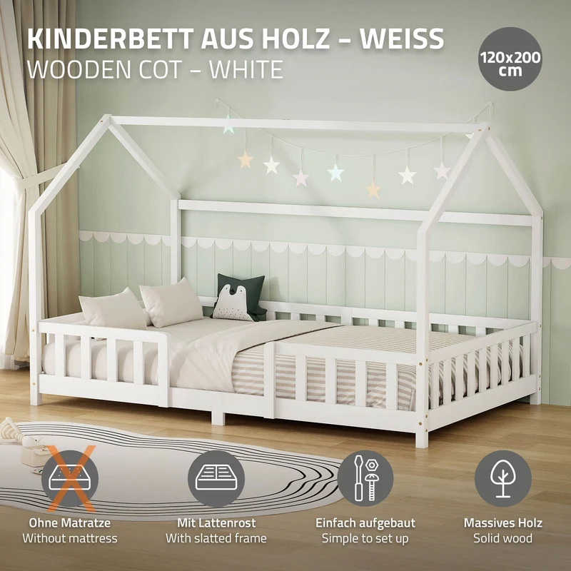 Kinderbett Hausbett 120x200 cm aus Kiefernholz Weiß mit Rausfallschutz Dach und Lattenrost Holzbett ML-Design