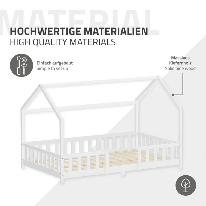 Kinderbett Hausbett 120x200 cm aus Kiefernholz Weiß mit Rausfallschutz Dach und Lattenrost Holzbett ML-Design