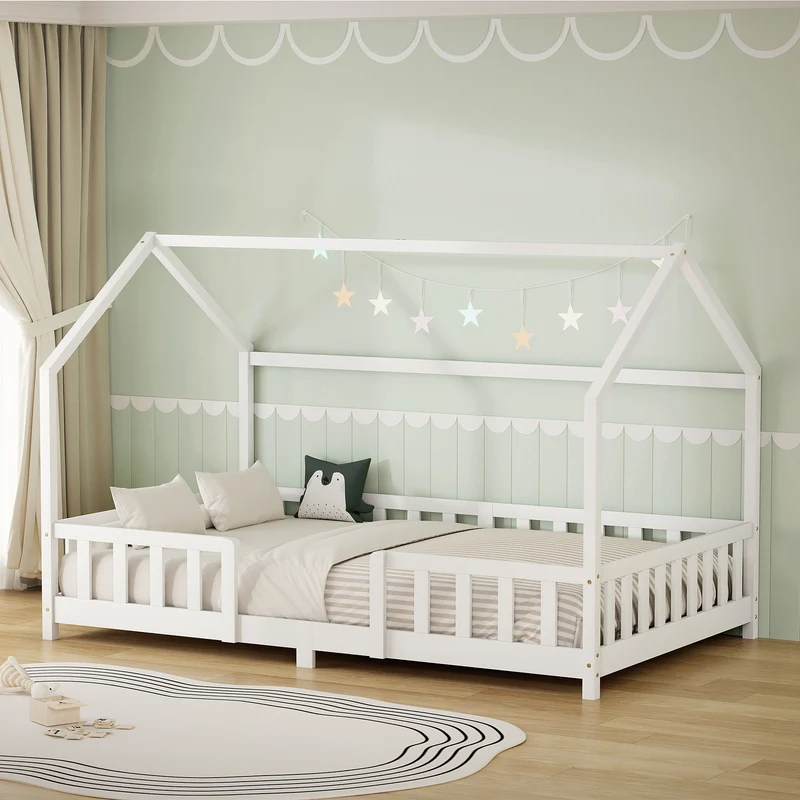 Kinderbett Hausbett 120x200 cm aus Kiefernholz Weiß mit Rausfallschutz Dach und Lattenrost Holzbett ML-Design