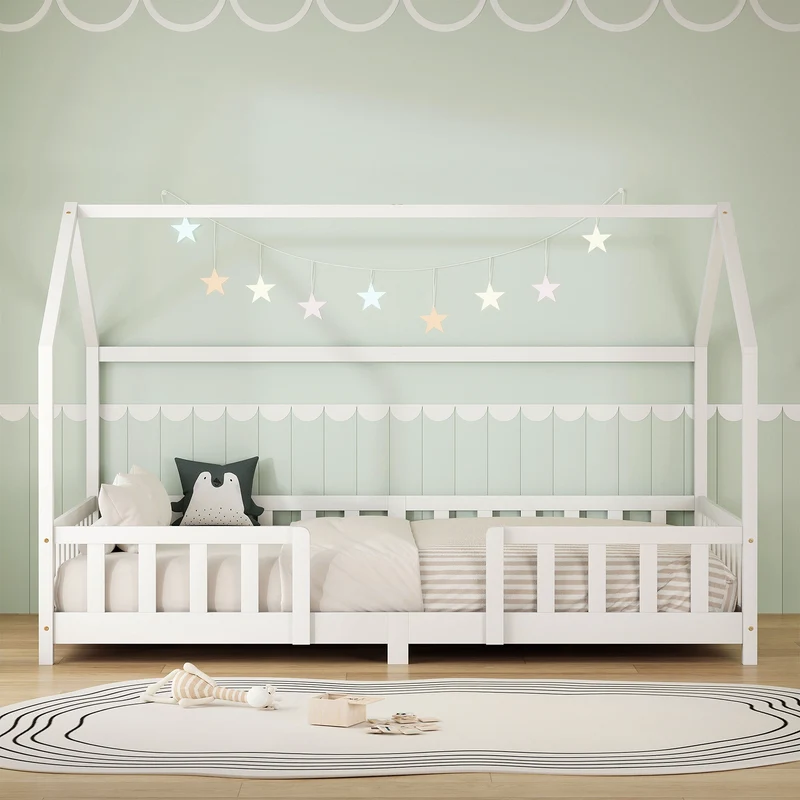 Kinderbett Hausbett 120x200 cm aus Kiefernholz Weiß mit Rausfallschutz Dach und Lattenrost Holzbett ML-Design