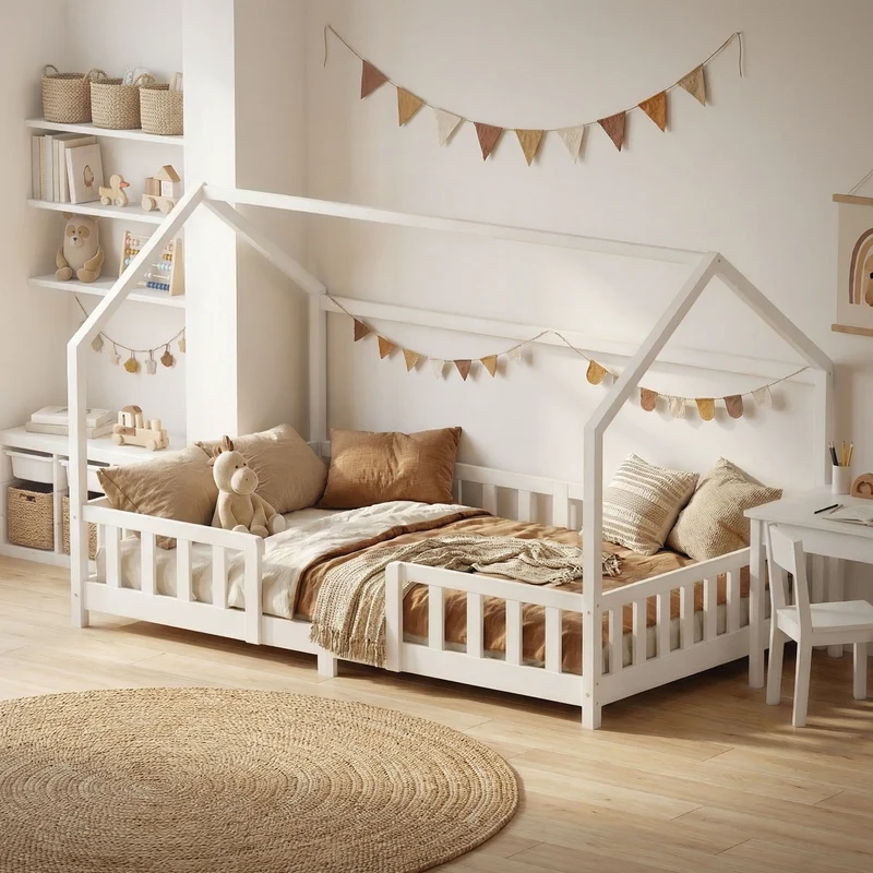 Kinderbett Hausbett 120x200 cm aus Kiefernholz Weiß mit Rausfallschutz Dach und Lattenrost Holzbett ML-Design