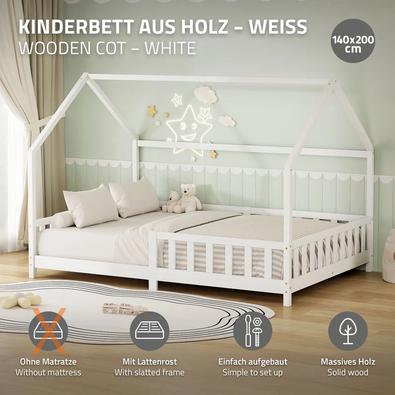 Kinderbett Hausbett 140x200 cm aus Kiefernholz Weiß mit Rausfallschutz Dach und Lattenrost Holzbett ML-Design