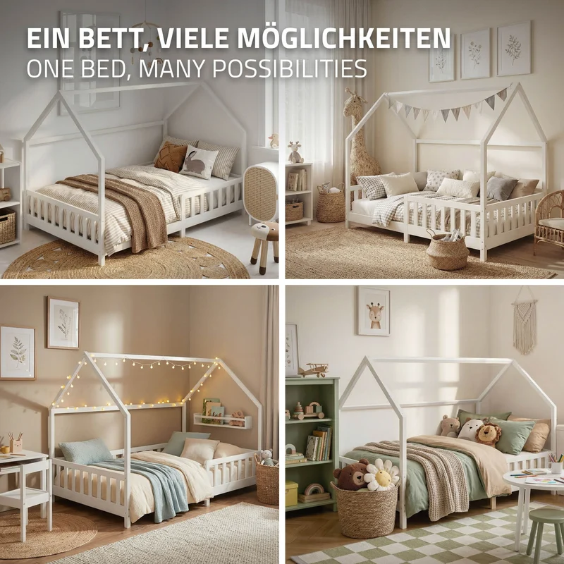 Kinderbett Hausbett 140x200 cm aus Kiefernholz Weiß mit Rausfallschutz Dach und Lattenrost Holzbett ML-Design
