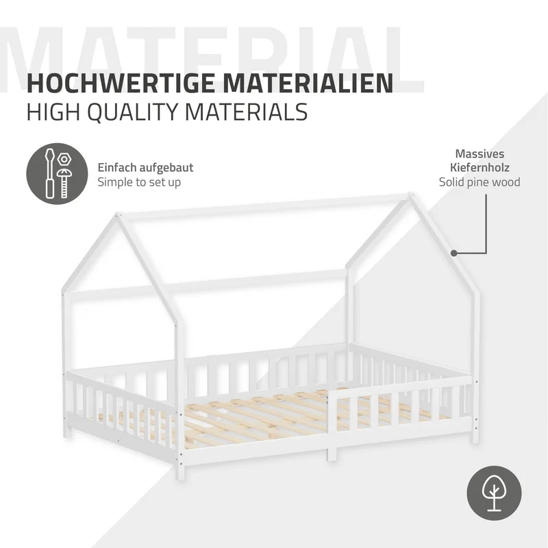 Kinderbett Hausbett 140x200 cm aus Kiefernholz Weiß mit Rausfallschutz Dach und Lattenrost Holzbett ML-Design