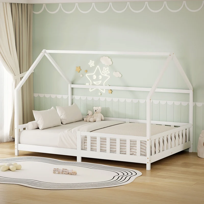 Kinderbett Hausbett 140x200 cm aus Kiefernholz Weiß mit Rausfallschutz Dach und Lattenrost Holzbett ML-Design