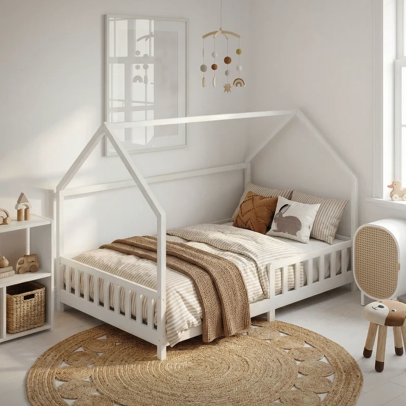 Kinderbett Hausbett 140x200 cm aus Kiefernholz Weiß mit Rausfallschutz Dach und Lattenrost Holzbett ML-Design